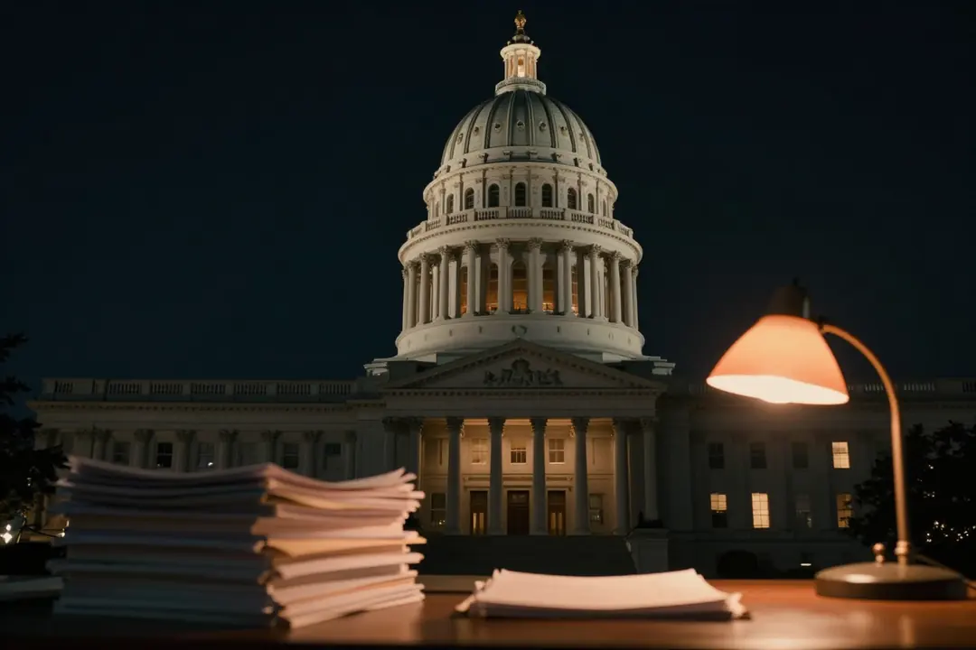 A capitol dome lit at night behind a desk stacked with documents