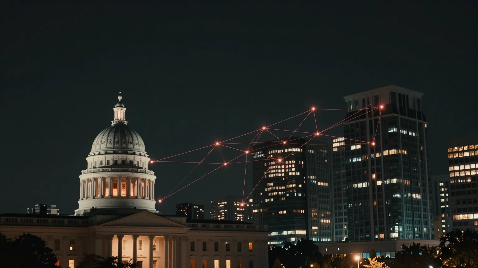 A domed government building and corporate towers at night, linked by fine glowing lines