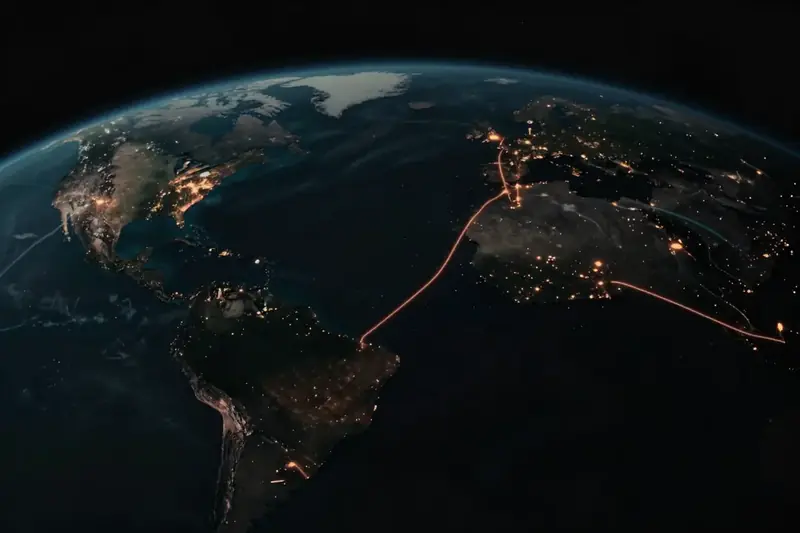 The night side of Earth from orbit with glowing arcs linking cities across the Atlantic