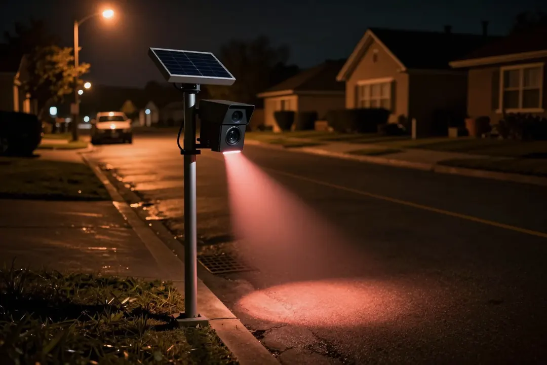 A license-plate reader camera on a pole aimed at a dark suburban street at night